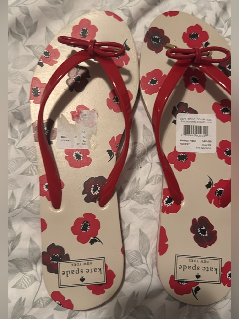 kate spade beige sandals with red floral print and red bow straps